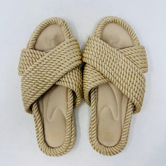 Zara Beige Rope Slide Sandals Size 38 Coastal Boho Minimalist Beach Vacation - Picture 9 of 12
